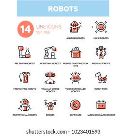 Robots - line design icons set. High quality black pictogram. Home, research, android, industrial, construction kits, medical, firefighting, visually guided, voice controlled, toys, promotional
