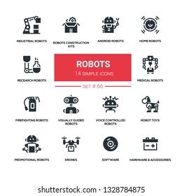 Robots - line design icons set. High quality black pictogram. Home, research, android, industrial, construction kits, medical, firefighting, visually guided, voice controlled, toys, promotional