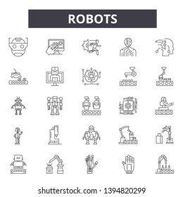 Robots line icon signs.  Linear vector outline illustration set concept.