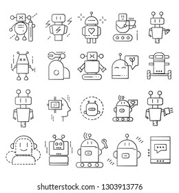 Robots Line Icons, editable and printable perfect for use in a wide range of new media templates: Web Marketing Agency, Social Media Services Showcase, Online Marketing Apps, and Web.