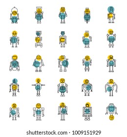 Robots line Icons set. Vector illustration with mechanic and elecrtic robots in black outline style. Technology objects.