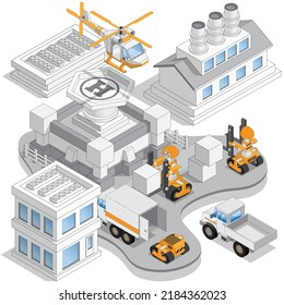 Robots loaders in production. Isometric. Isolated on white background. Vector illustration.