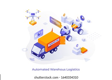 Robots loading boxes in delivery truck and flying quadcopter drone. Concept of automated warehouse logistics, robotic fulfillment system, automatic shipment. Modern isometric vector illustration.