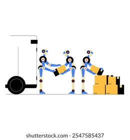 Robots Loading Boxes Into A Delivery Van In Flat Vector Illustration Symbolizing Automation, Logistics, And Modern Technology, Isolated On White Background