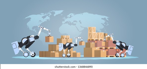 robots loading cardboard boxes hi-tech smart factory warehouse logistics automation technology concept modern robotic cartoon characters world map background flat horizontal