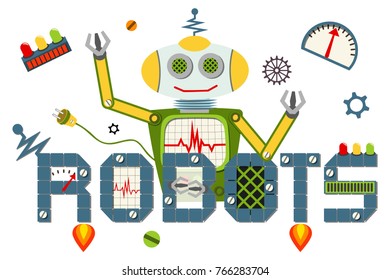 Robots logo text isolated on white background. yberpunk theme flat vector illustration for sticker, badge, sign, stamp, logo, banner, icon, label, gift card, flyer, certificate or banner