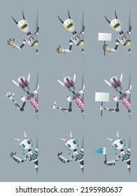 Robots look out corner. Robotic information banners mockup interface design. Cyborg characters for presentation, online help technology