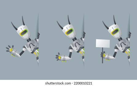 Robots look out corner. Robotic information banners mockup interface design. Cyborg characters for presentation, online help technology