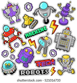 Robots and Machines Stickers, Badges, Patches set in Retro Comic Style for Prints Textile. Vector doodle