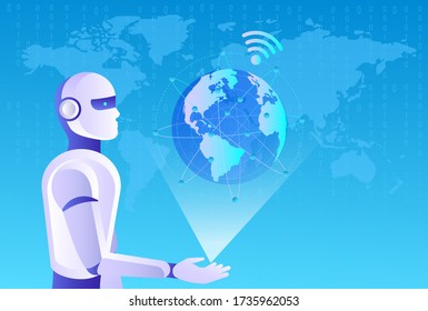 Robots man and woman with artificial intelligence working with virtual interface in cybernetic reality. Machine, learning. AI control global business process