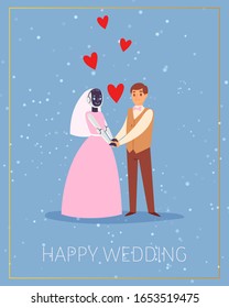 Robots marriage, wedding with couple of newly weds standing together electronic bride and caucasian man bridegroom vector illustration. Married to robot idea.