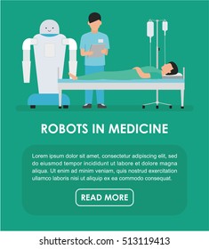 Robots In Medicine. The Doctor And The Robot-nurse Standing At The Bedside Of The Patient. Flat Vector