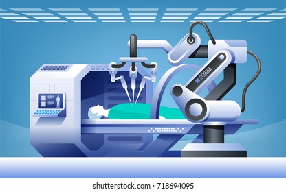 Robôs na medicina. Medicina inovadora. Cirurgia robótica. Conceito de vetor de tecnologias médicas modernas.