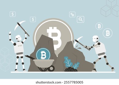 Robots mining money, collect crypto money. Team of bot with ai uses pickaxes to get bitcoin in stone. Extracting crypto coins. Bitcoin or cryptocurrency mining, digital currency farming. flat vector