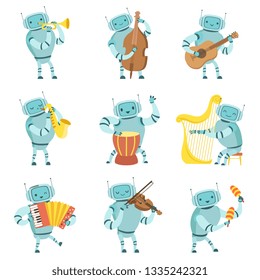 Robots Musicians Playing Musical Instruments Set, Robot Playing Cello, Guitar, Saxophone, Drum, Harp, Accordion, Violin, Maracas Vector Illustration