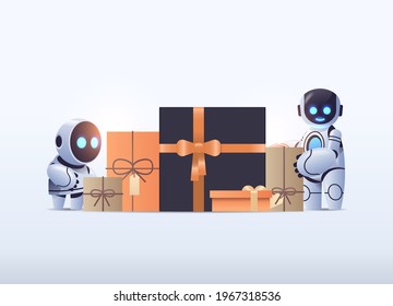 robots near wrapped gifts birthday or holiday celebration artificial intelligence technology concept