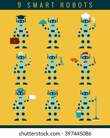 Robot's occupations. Set of smart robots holding positions waiter, cleaner, postman, repairman, cook, nurse, artist, student, telemarketer. Future technologies. Vector collection of isolated icons.