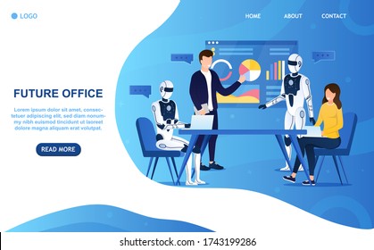 Robots Office Workers Artificial Intelligence Concept. Futuristic Workflow. People and robots work together. Creative Android shows the presentation. Electronic Technology Industry 4.0 Flat Vector