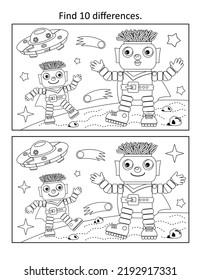 Robots on Mars. Exploring outer space. Difference game and coloring page.
