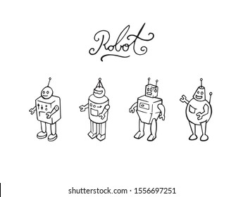 Robots outline set simple cartoon drawing illustration. Hand drawn robot vintage and retro toy symbols. Humanoid machine different icons silhouette sketch. Robot standing with letters text title.