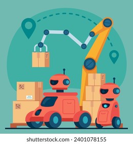 Robots packing parcels in carton boxes and delivering them at different destination points. Automated warehouse, artificial intelligence in logistics concept