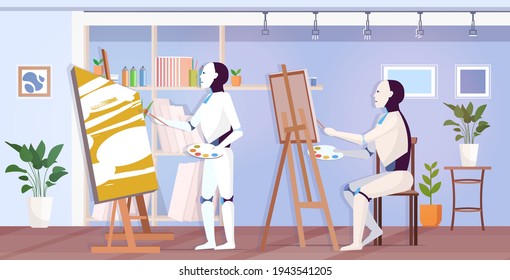 robots painters using paintbrush and palette robotic artists in front of easel art creativity artificial intelligence technology concept modern workshop studio interior full length horizontal