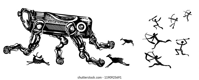 Robots and people. Symbol of degradation of mankind, future and past, time machine tattoo and t-shirt design. Modern robot runs away from cave people 