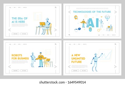 Conjunto de páginas iniciais do site de trabalho conjunto de robôs e pessoas. Banner da página da Web Inteligência artificial e Colaboração humana em negócios e escritórios, Tecnologia. Ilustração de vetor plano de desenhos animados, arte de linha