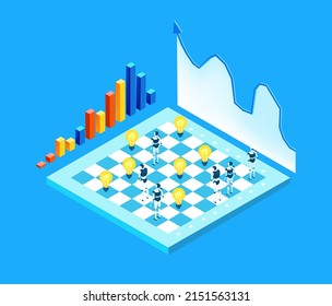Robots are playing chess. Improving Business strategy for success. Achieving goals, working together, playing chess game. Horse and castle moves.