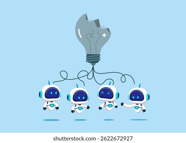 Robôs apontando má ideia lâmpada queimada elétrica. Tecnologia fracassada, falência, crise. Ilustração de vetor plano