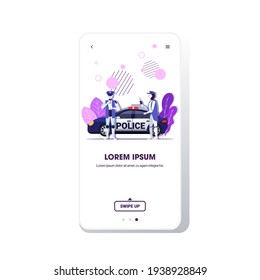 robots policemen using walkie-talkie writing fine report robotic character standing near patrol car artificial intelligence technology concept smartphone screen mobile app copy space full length