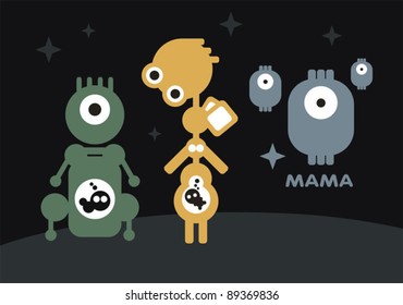 Robots: pregnant and mother with children. Vector illustration.