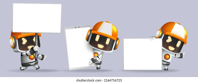 Robots presenting character vector set. Robotic characters with whiteboard, placard and phone elements in friendly expression and gestures for robot presentation collection design. Vector illustration