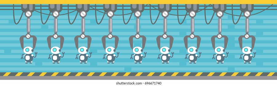 Robots Production Conveyor Automatic Assembly Machinery Industrial Automation Industry Flat Vector Illustration