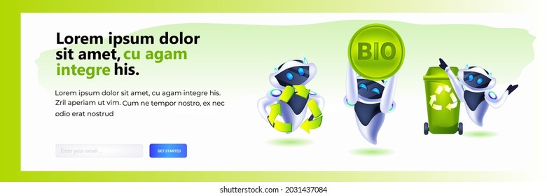 robots with recycle waste symbol green arrows logo artificial intelligence save planet environmental protection