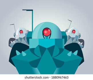 robots with red eyes of robotic technology futuristic toy future machine cyborg science android and fiction theme Vector illustration