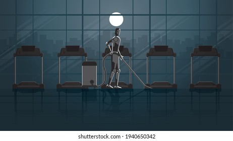 Robots replace humans. Artificial intelligence mechanism clean and work in fitness center treadmill for 24 hours in dark and full moonlight without people. unemployment human for a job in the future.