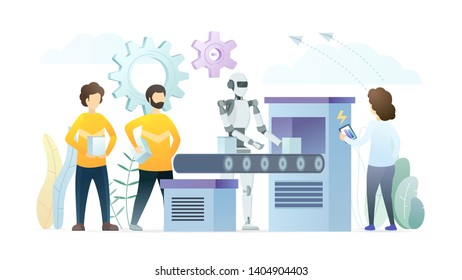 Robots replacing manual work flat illustration. Cyborg standing near conveyor belt cartoon character. Human experts, supervisors monitoring humanoid performance, efficiency. Futuristic smart industry.