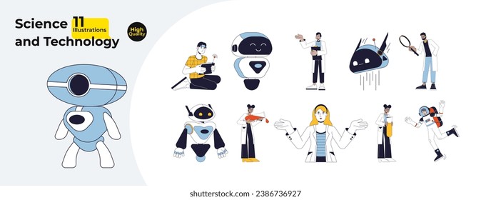 Robots and researchers lab coats line cartoon flat illustration bundle. Lab scientists, engineer, cosmonaut diverse 2D lineart characters isolated on white background. Vector color image collection