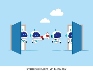 Robots resign, quit or leaving company, robot management or technology resources problem concept, Cyborgs resign and walk through exit door