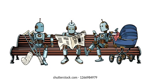 Robots are resting on a park bench. Morning press, broken leg, motherhood baby stroller. Pop art retro vector illustration kitsch vintage