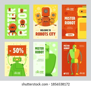 Robots retail flyers set. Humanoids, cyborgs, assistants vector illustrations with text and discount percentage. Robotics concept for sale posters and brochures design
