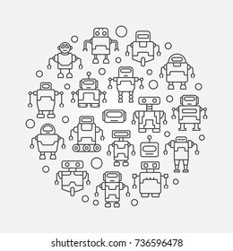 Robots round illustration. Vector circular symbol made with outline robot icons