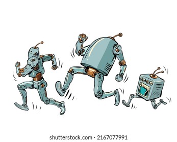The robots are running. Different models of artificial intelligent humanoid mechanisms. running marathon speed sport. Pop Art Retro Vector Illustration Kitsch Vintage 50s 60s Style