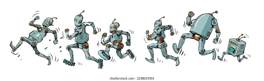 The robots are running. Different models of artificial intelligent humanoid mechanisms. running marathon speed sport. Pop Art Retro Vector Illustration Kitsch Vintage 50s 60s Style