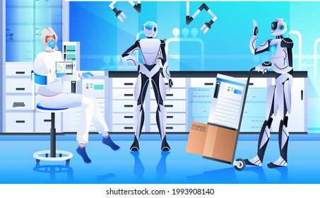 robots with scientist in protective suit making experiments in lab genetic engineering artificial intelligence concept