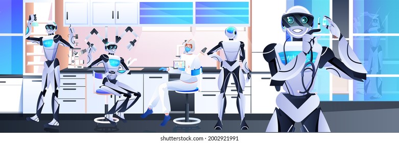 robots con científicos en traje protector que hacen experimentos en el concepto de inteligencia artificial de ingeniería genética de laboratorio