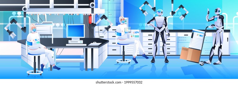 robots with scientists in protective suits making experiments in lab genetic engineering artificial intelligence concept