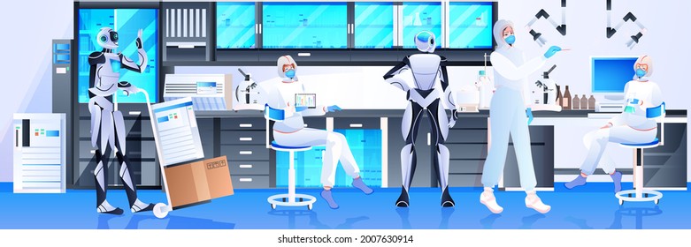 robots with scientists in protective suits making experiments in lab genetic engineering artificial intelligence concept