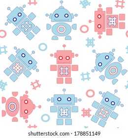 Robots seamless pattern in blue and red colors